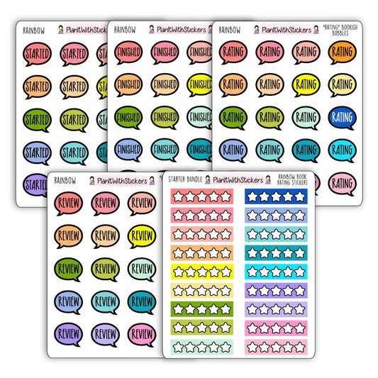 Full view of 5 sticker sheets, speech bubble icons, with words Started, Finished, Rating, Review, and star rating stickers. 