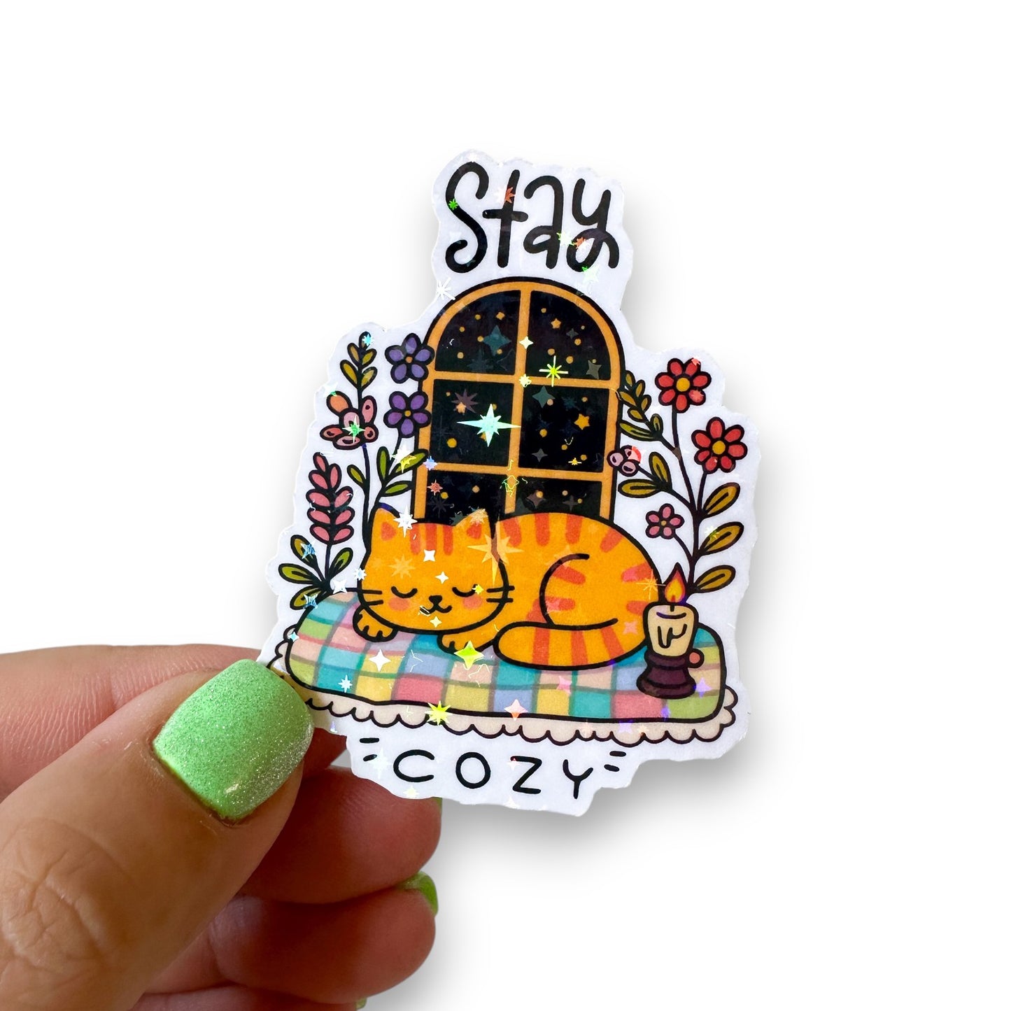 Stay Cozy Cat Holographic Diecut Sticker