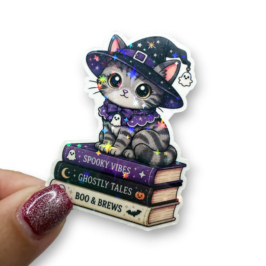Tabby Cat Witch Hat Book Stack Holographic Diecut Sticker