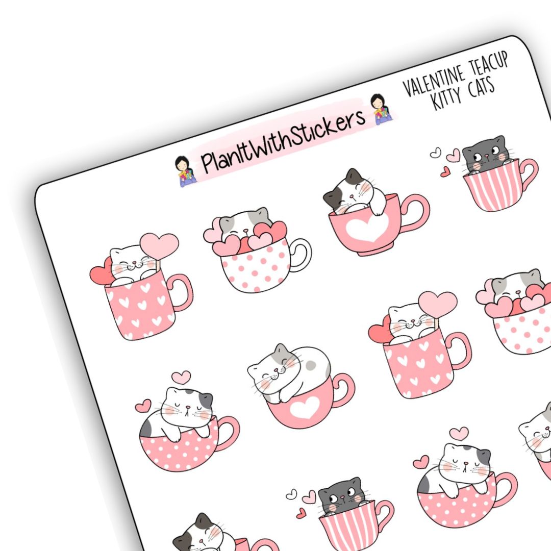 Valentine Teacup Kitty Cats Sticker Sheet