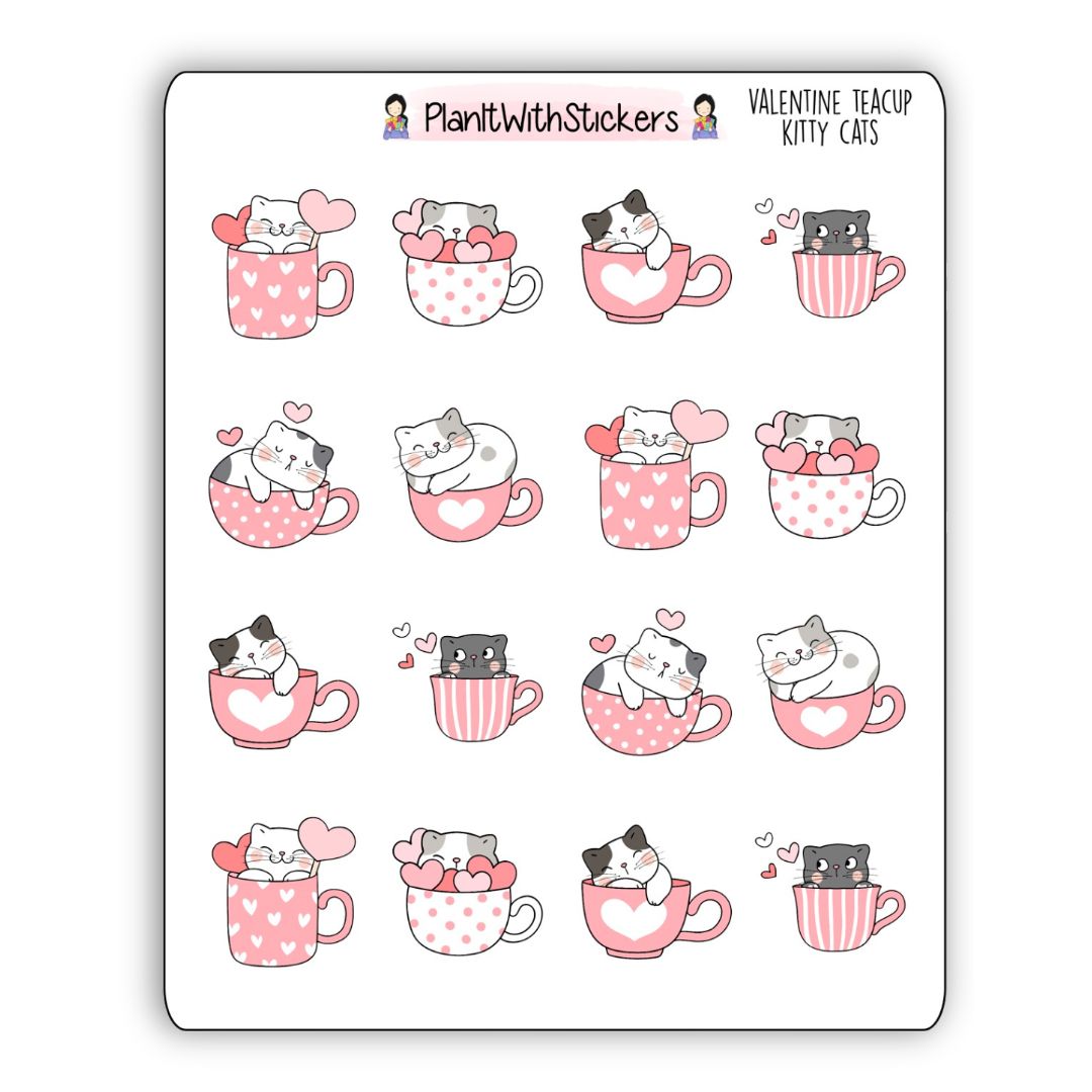 Valentine Teacup Kitty Cats Sticker Sheet