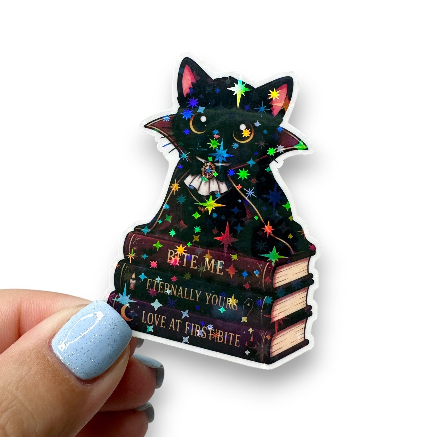 Vampire Black Cat Book Stack Holographic Diecut Sticker