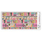 Full view of pastel coloured bookshelf themed washi strip sticker sheet with 5 stickers, in a crochet-like texture. 