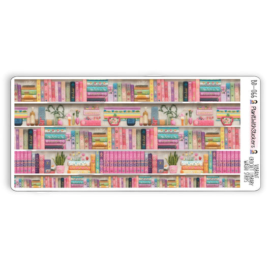 Full view of pastel coloured bookshelf themed washi strip sticker sheet with 5 stickers, in a crochet-like texture. 