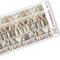 Close up view of vintage chic themed washi strip sticker sheet with 5 stickers, shown in vintage chic bookshelf artwork.