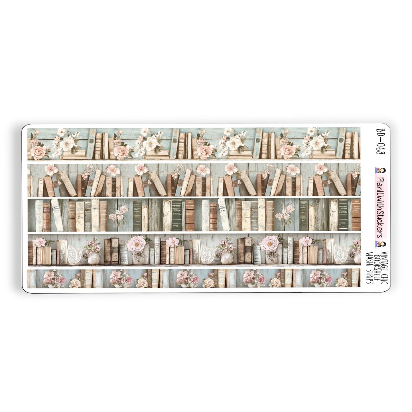 Full view of vintage chic themed washi strip sticker sheet with 5 stickers, shown in vintage chic bookshelf artwork.