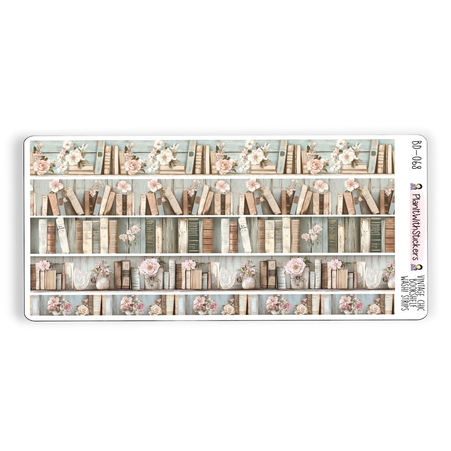 Full view of vintage chic themed washi strip sticker sheet with 5 stickers, shown in vintage chic bookshelf artwork.