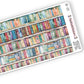 Close up view of watercolour rainbow themed washi strip sticker sheet with 5 stickers, shown in rainbow bookshelf artwork.