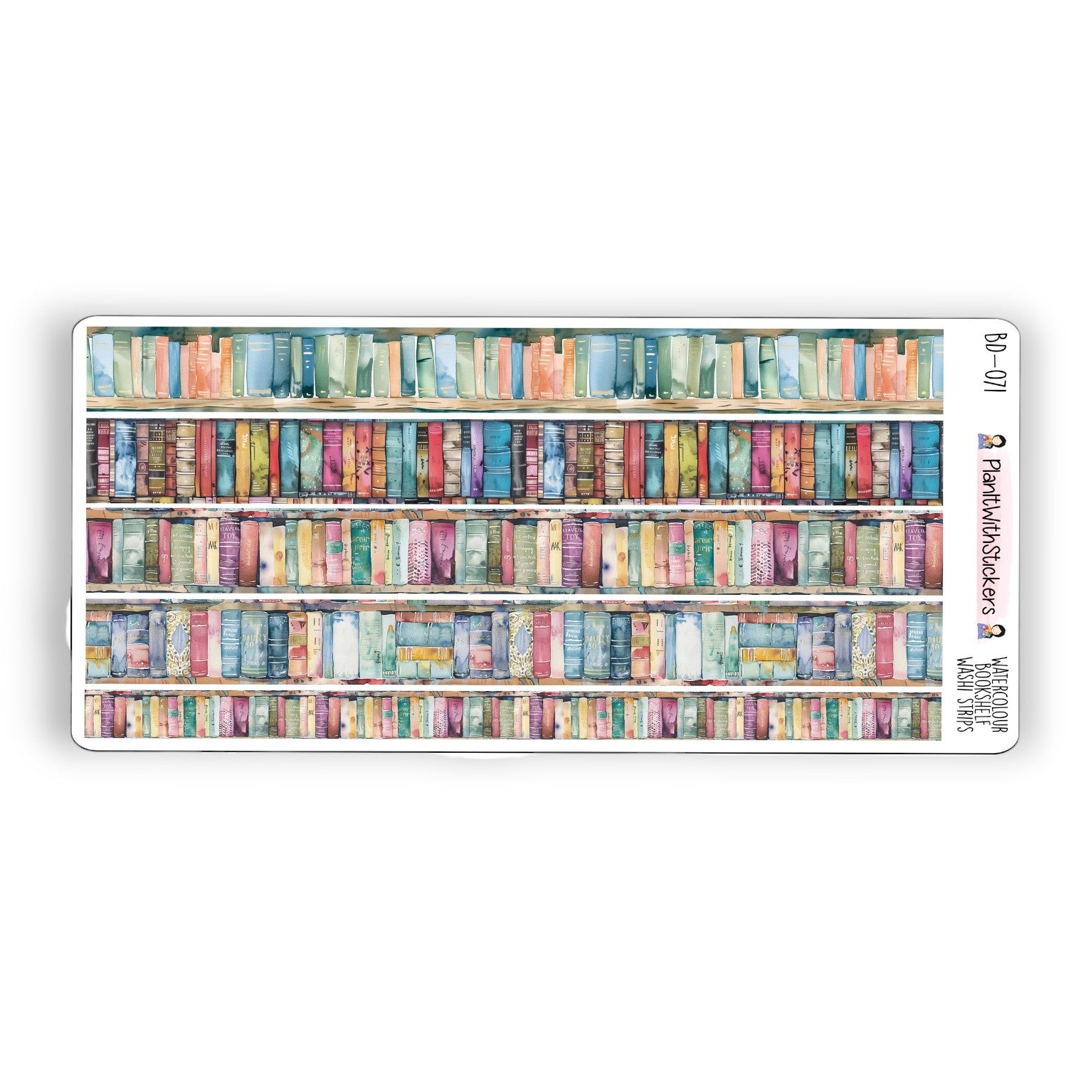 Full view of watercolour rainbow themed washi strip sticker sheet with 5 stickers, shown in rainbow bookshelf artwork.