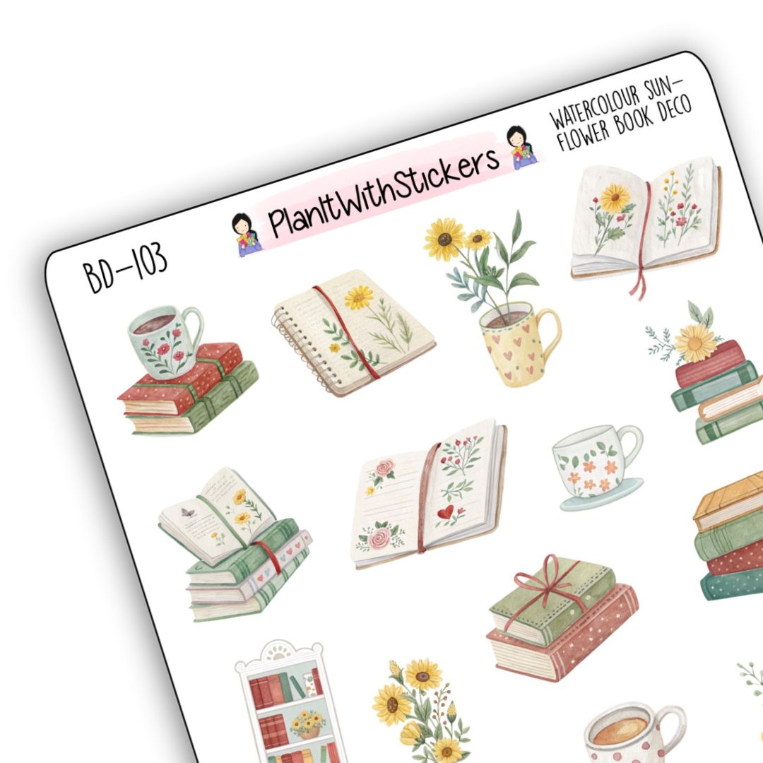 Watercolour Sunflower Bookish Deco Stickers