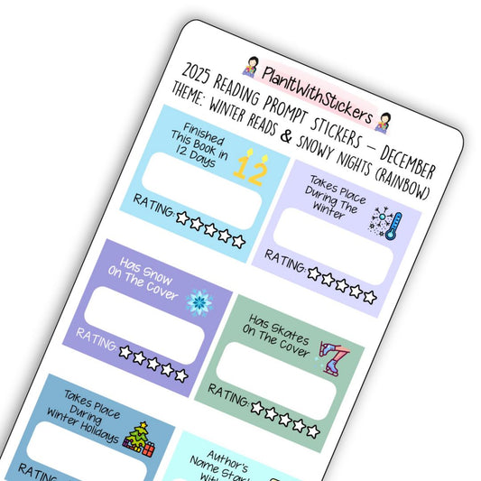 Close up view of winter-themed mini reading challenge sticker sheet with 8 book prompts, shown in rainbow colour options.