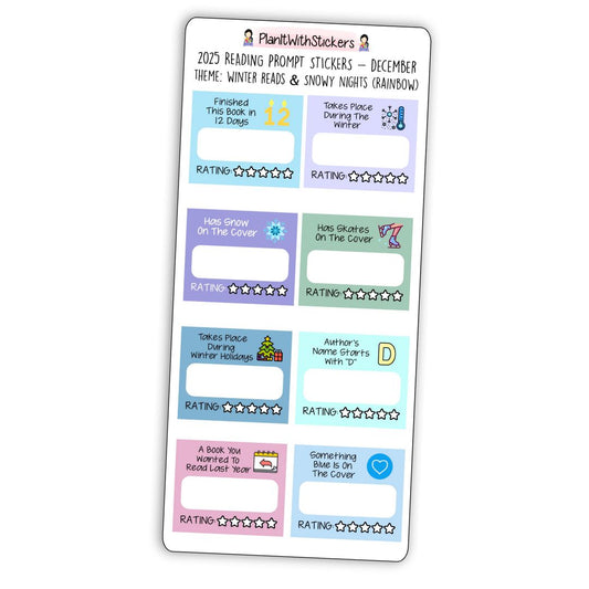 Full view of winter-themed mini reading challenge sticker sheet with 8 book prompts, shown in rainbow colour options.
