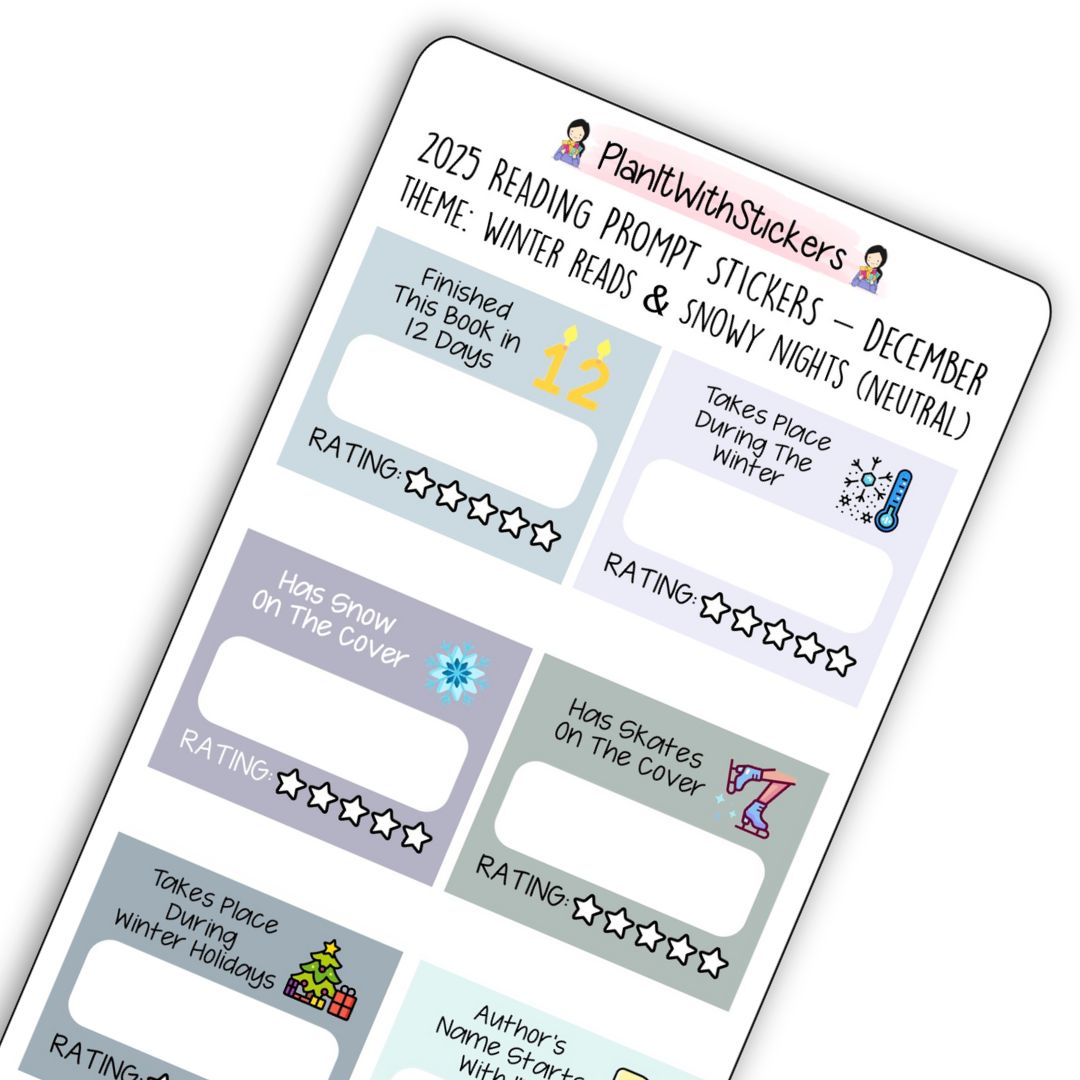 Close up view of winter-themed mini reading challenge sticker sheet with 8 book prompts, shown in neutral colour options.