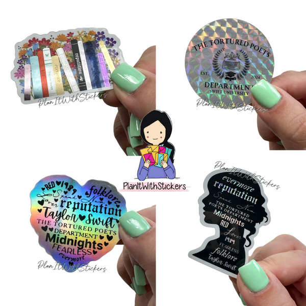 a person holding a sticker with different designs on it