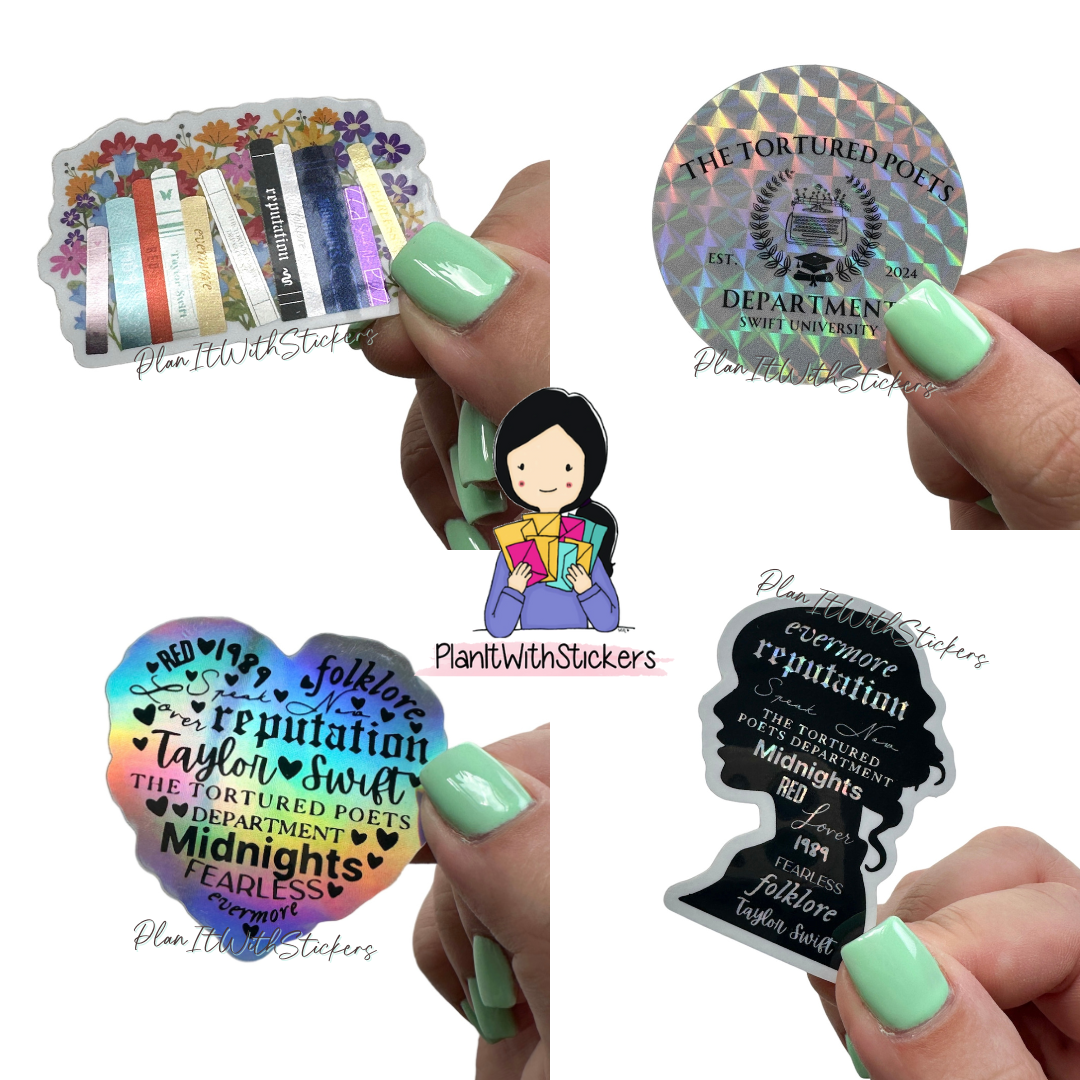 a person holding a sticker with different designs on it