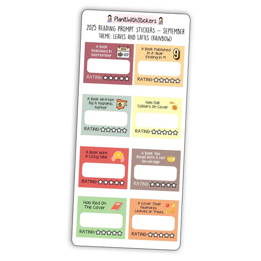Full view of fall-themed mini reading challenge sticker sheet with 8 book prompts, shown in rainbow colour options.