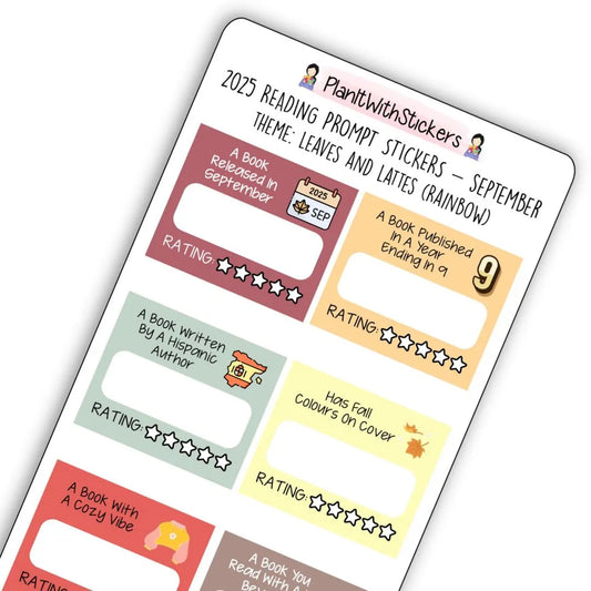 Close up view of fall-themed mini reading challenge sticker sheet with 8 book prompts, shown in rainbow colour options.