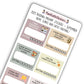 Close up view of fall-themed mini reading challenge sticker sheet with 8 book prompts, shown in neutral colour options.