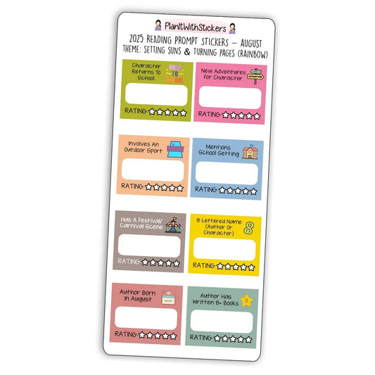 Full view of summer-themed mini reading challenge sticker sheet with 8 book prompts, shown in rainbow colour options.