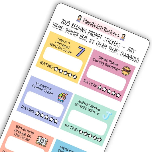 Close up view of summer-themed mini reading challenge sticker sheet with 8 book prompts, shown in rainbow colour options.