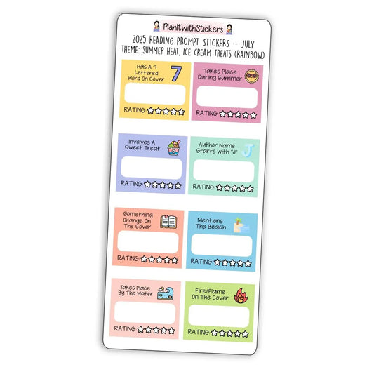Full view of summer-themed mini reading challenge sticker sheet with 8 book prompts, shown in rainbow colour options.