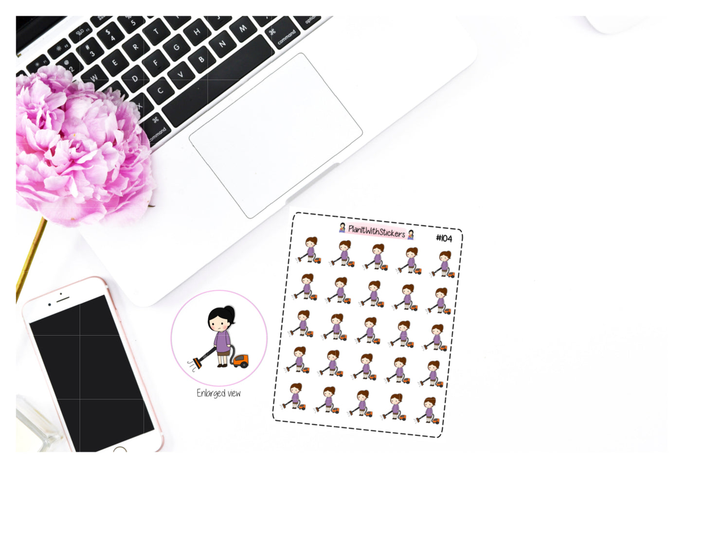 104 - Katie (Kawaii Girl) Vacuuming Cleaning Household Chores Stickers for , Plum Paper, Recollections, and similar planners