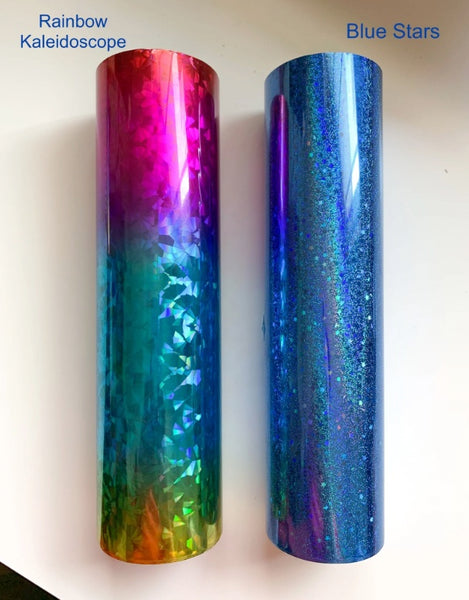 a pair of blue and a rainbow colored tube
