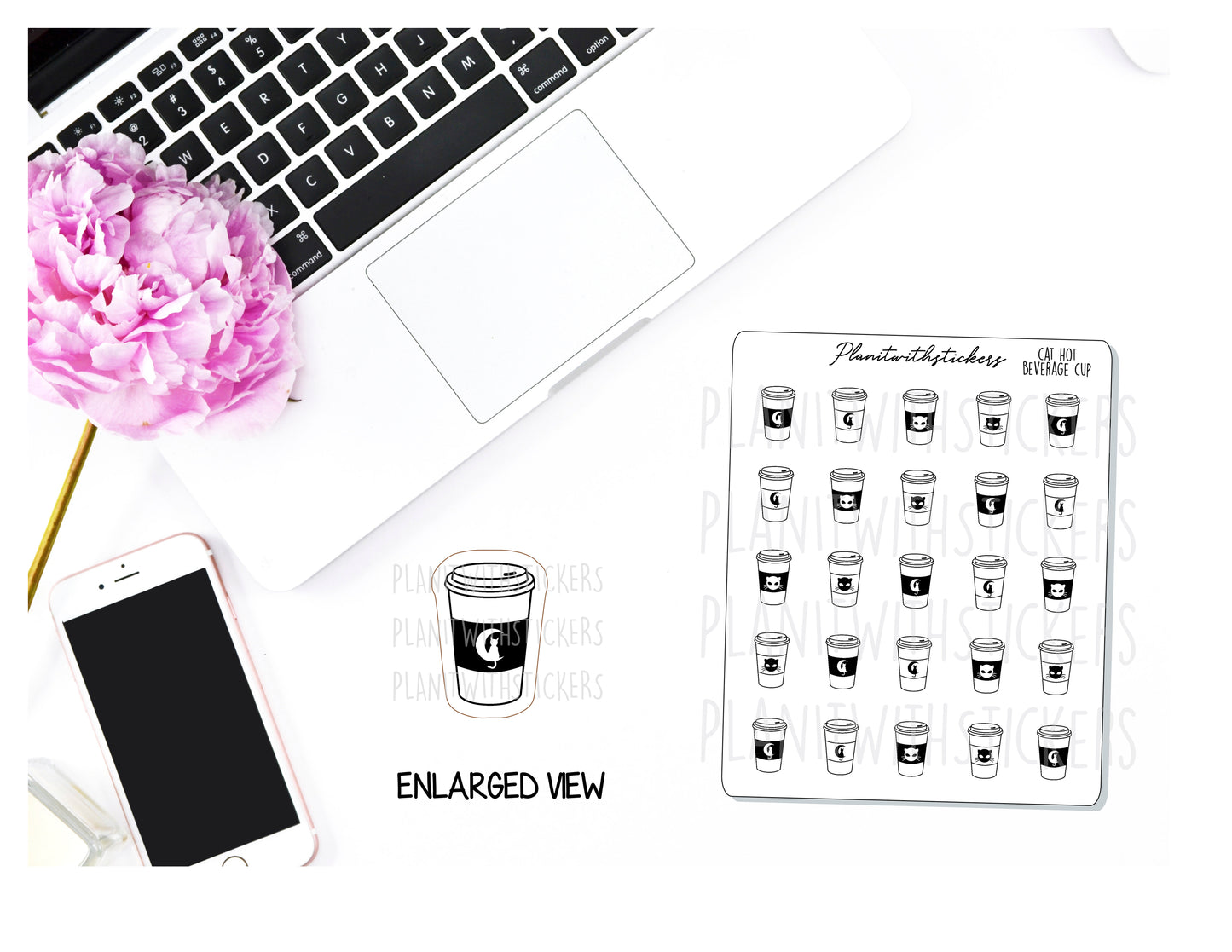 Cat Monochrome Hot Beverage Cup Decoration Planner Stickers