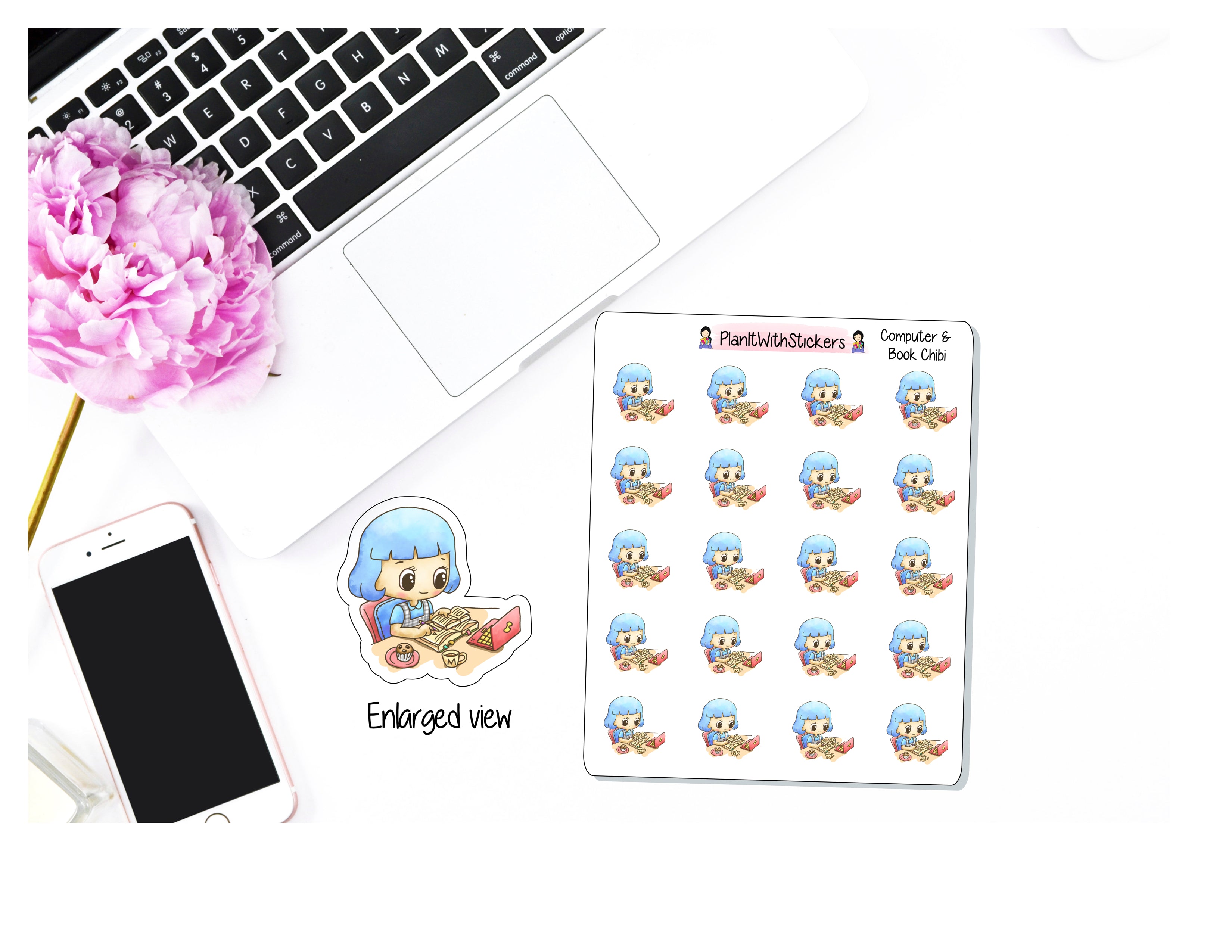 Computer and Book Chibi Girl Sticker for , Plum Paper, Recollections ...