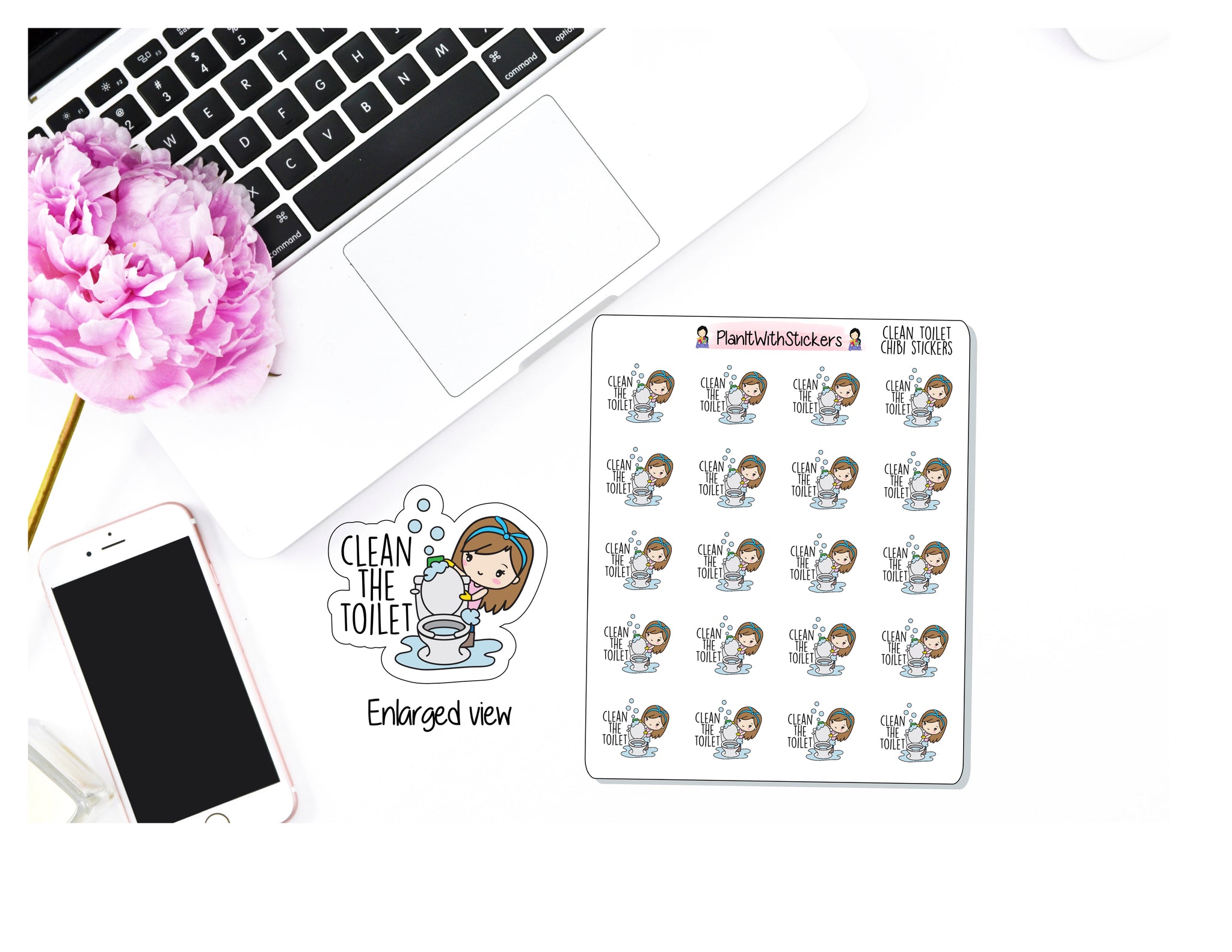 Cleaning Toilet, Chores Chibi Character Sticker for , Plum Paper, Recollections, and similar planners