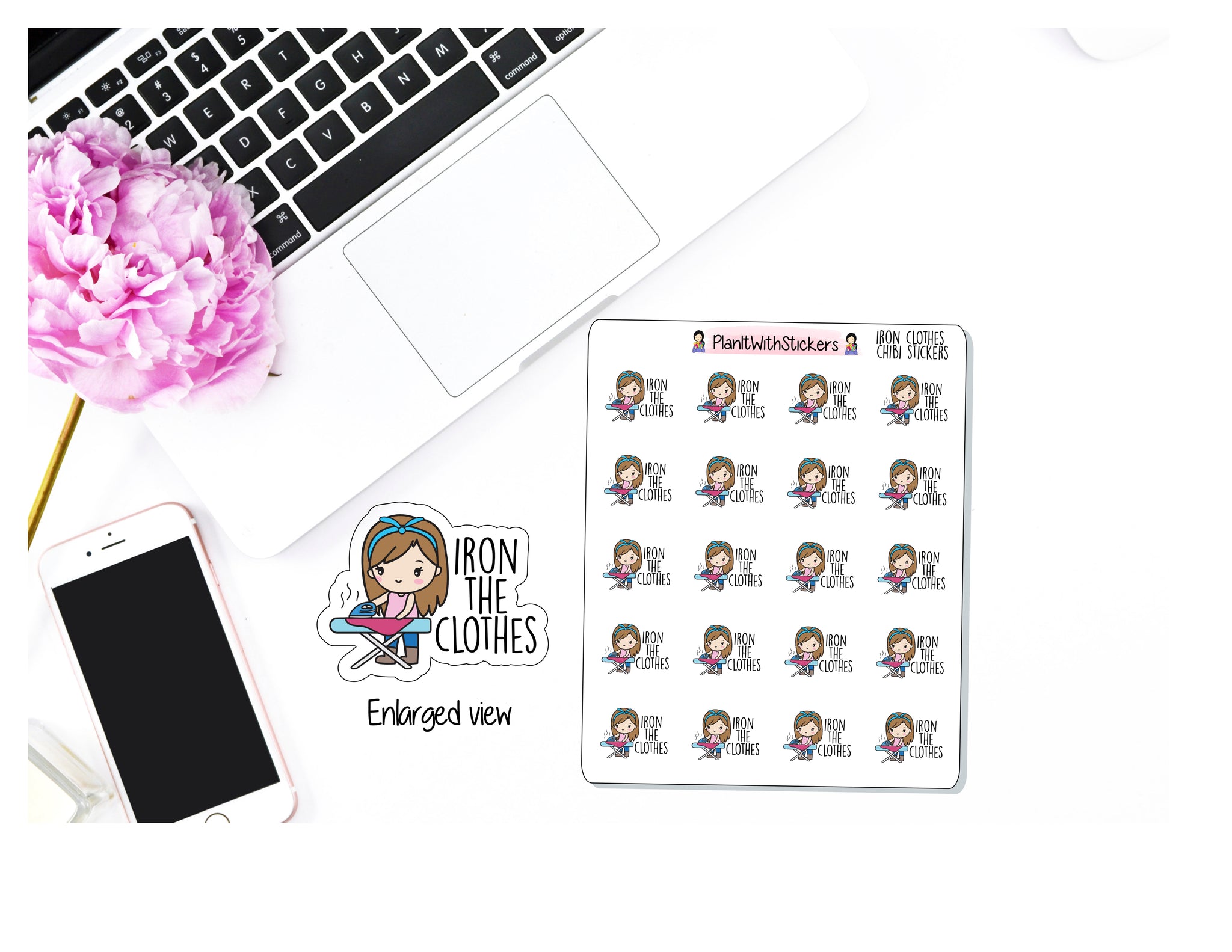 Iron The Clothes Chores Chibi Character Sticker for , Plum Paper, Recollections, and similar planners
