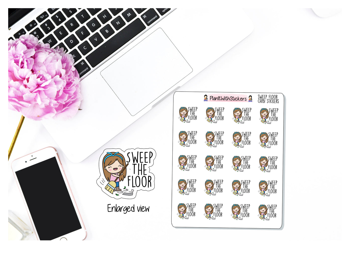 Sweep The Floor Chores Chibi Character Sweeping Sticker for , Plum Paper, Recollections, and similar planners