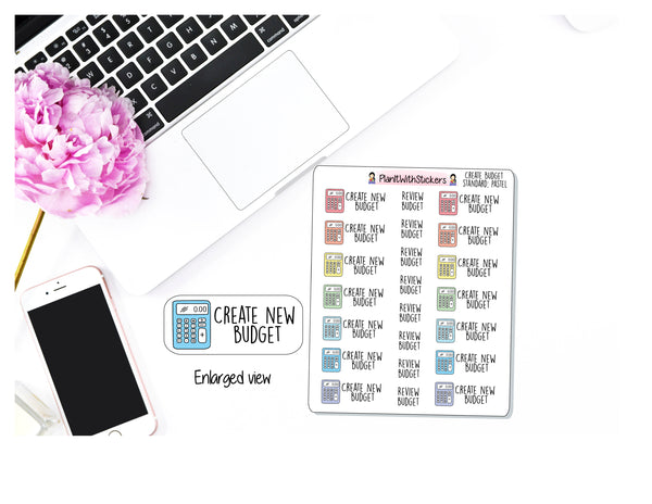 Create New Budget and Review Budget Sticker - Standard Font - Monthly and Weekly Budgeting Sticker