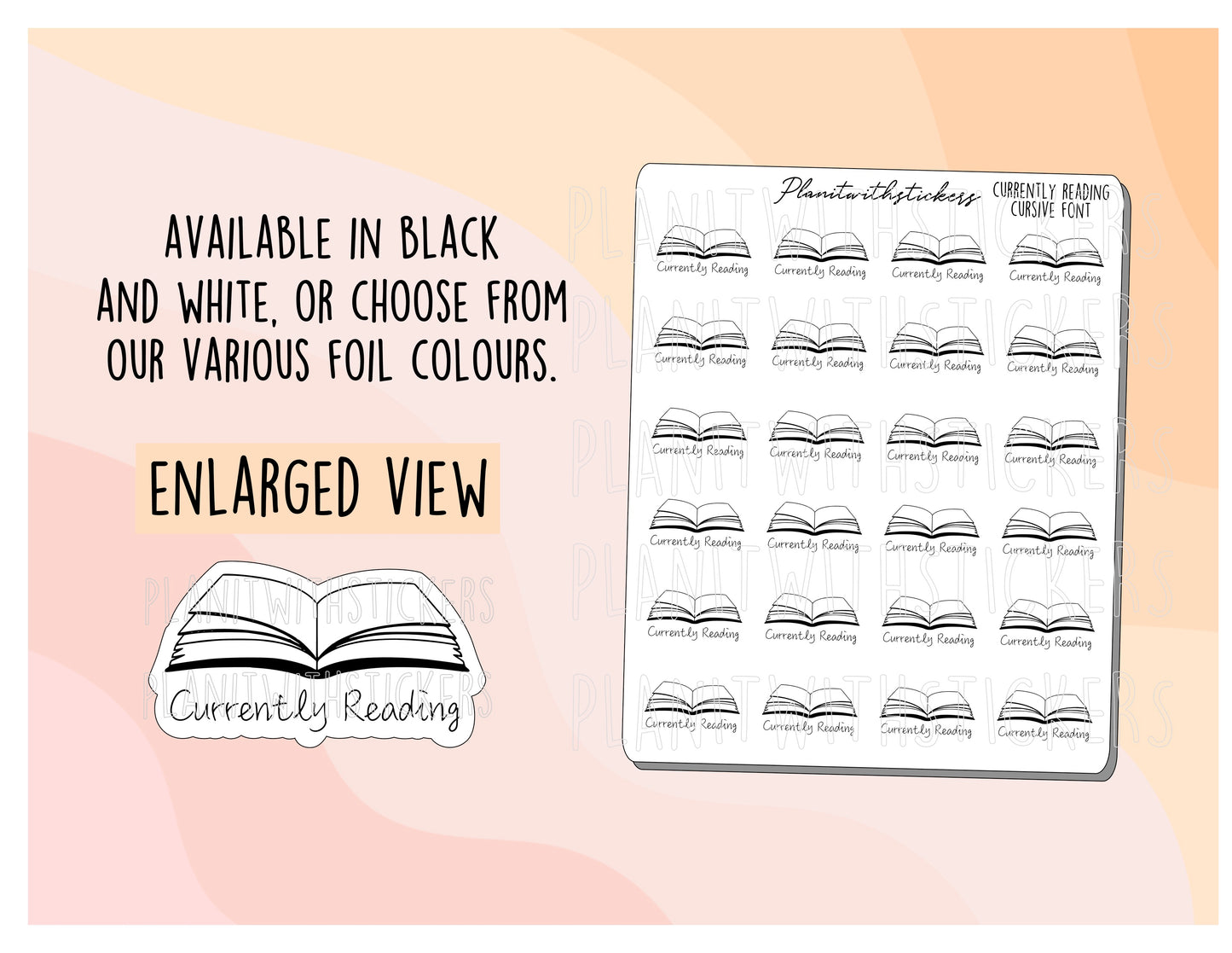 Currently Reading Open Book Stickers - Cursive Font (Monochrome/Foiled)