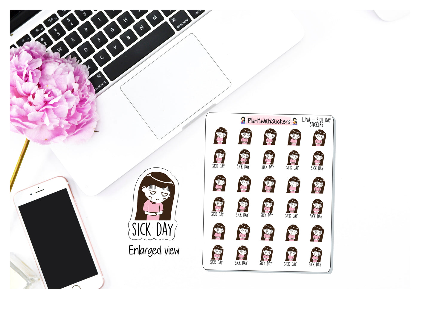 Sick Day Unwell Chibi Girl Luna Character Sticker for , Plum Paper, Recollections, and similar planners