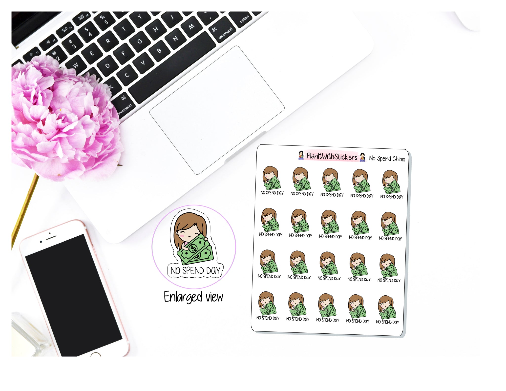 No Spend Chibi Money Finance Character Sticker for , Plum Paper, Recollections, and similar planners