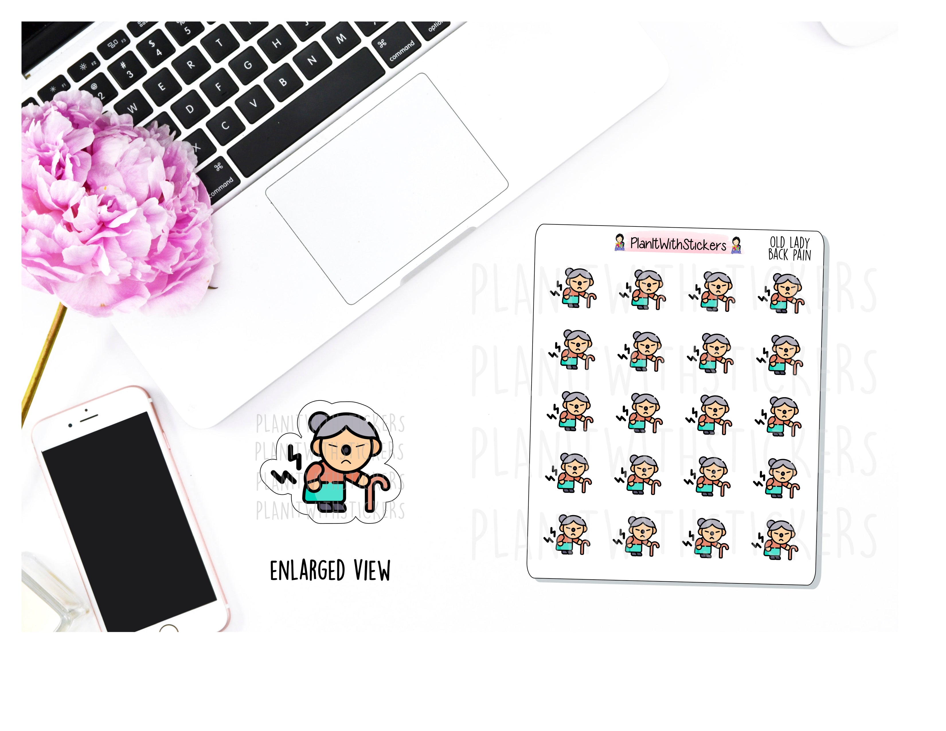 Back Pain Old Lady Colour Character Sticker – PlanItWithStickers