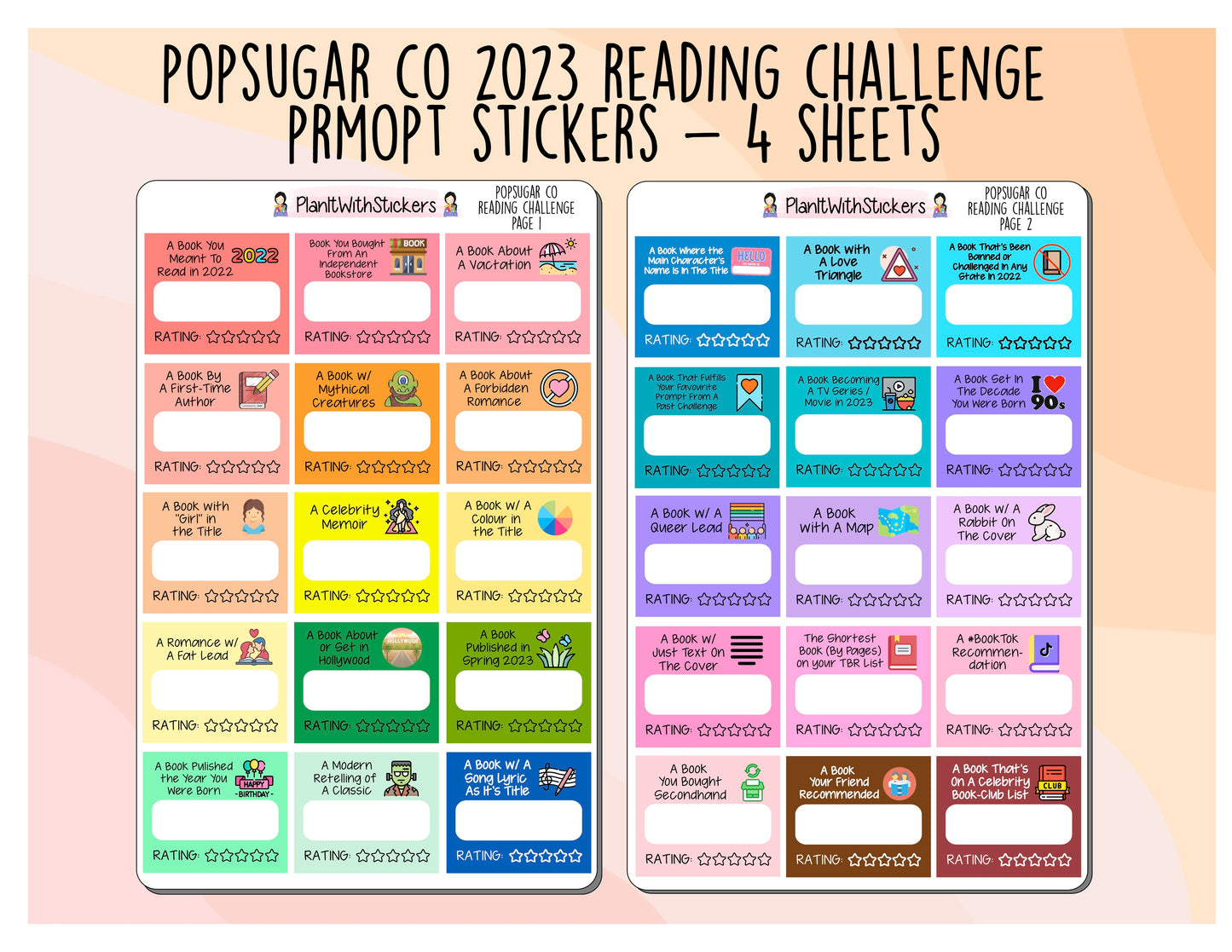 2023 Popsugar Reading Challenge Planner Sticker Kit Planner Stickers for Journal, Book Planner, and Scrapbooks.