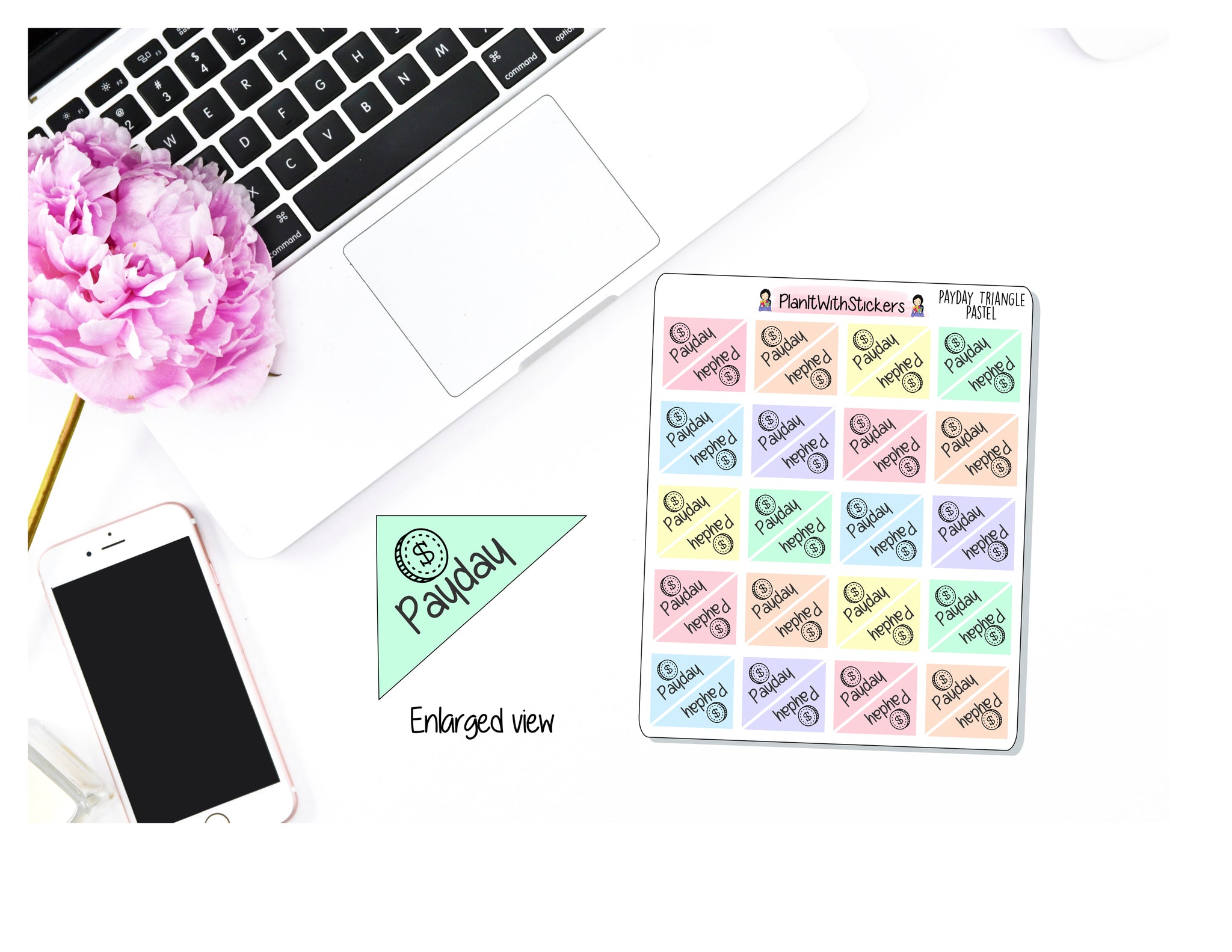 Payday Triangle Corner Stickers (Pastel) for Daily, Weekly, or Monthly Layout Use in , Plum Paper, Recollections, and similar planners
