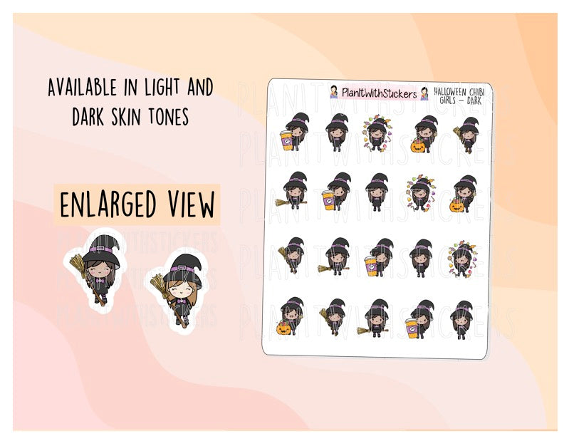 Halloween Chibi Girls with Witch Hats Stickers (2 Skin Tones Available)