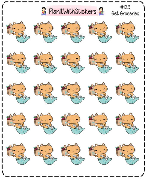 123D - Purrmaid Grocery Shopping Buy Food/Groceries Kitty Cat Task Stickers for Erin Condren, Plum Paper, Recollections, and similar planners