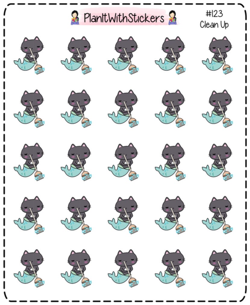 123B - Purrmaid Cleaning Day House Cleaning Kitty Cat Task Stickers for Erin Condren, Plum Paper, Recollections, and similar planners